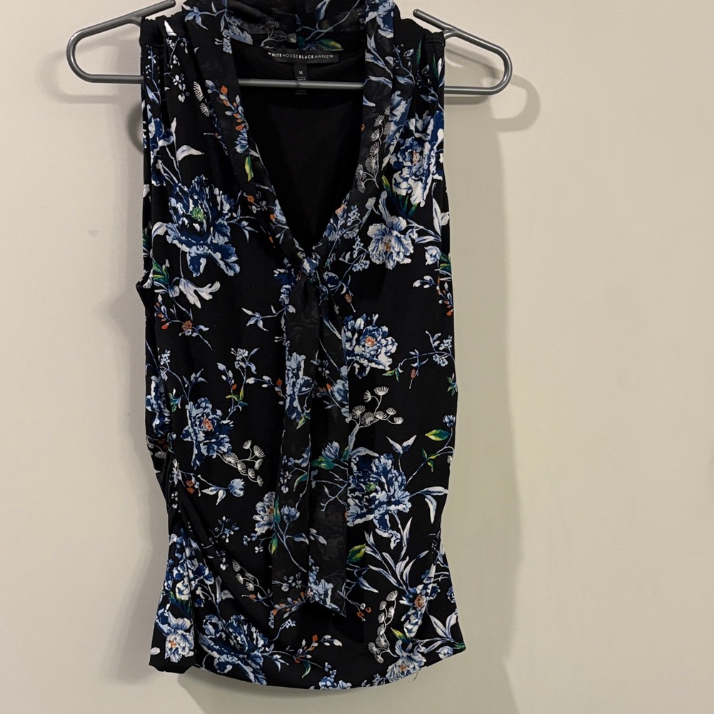 White House Black Market Floral Sleeveless Blouse - Black and Blue
